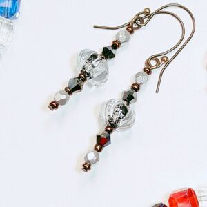 Black Glass Antique.Bronze Hooks Hidden Meaning earrings Statement Earring  443■